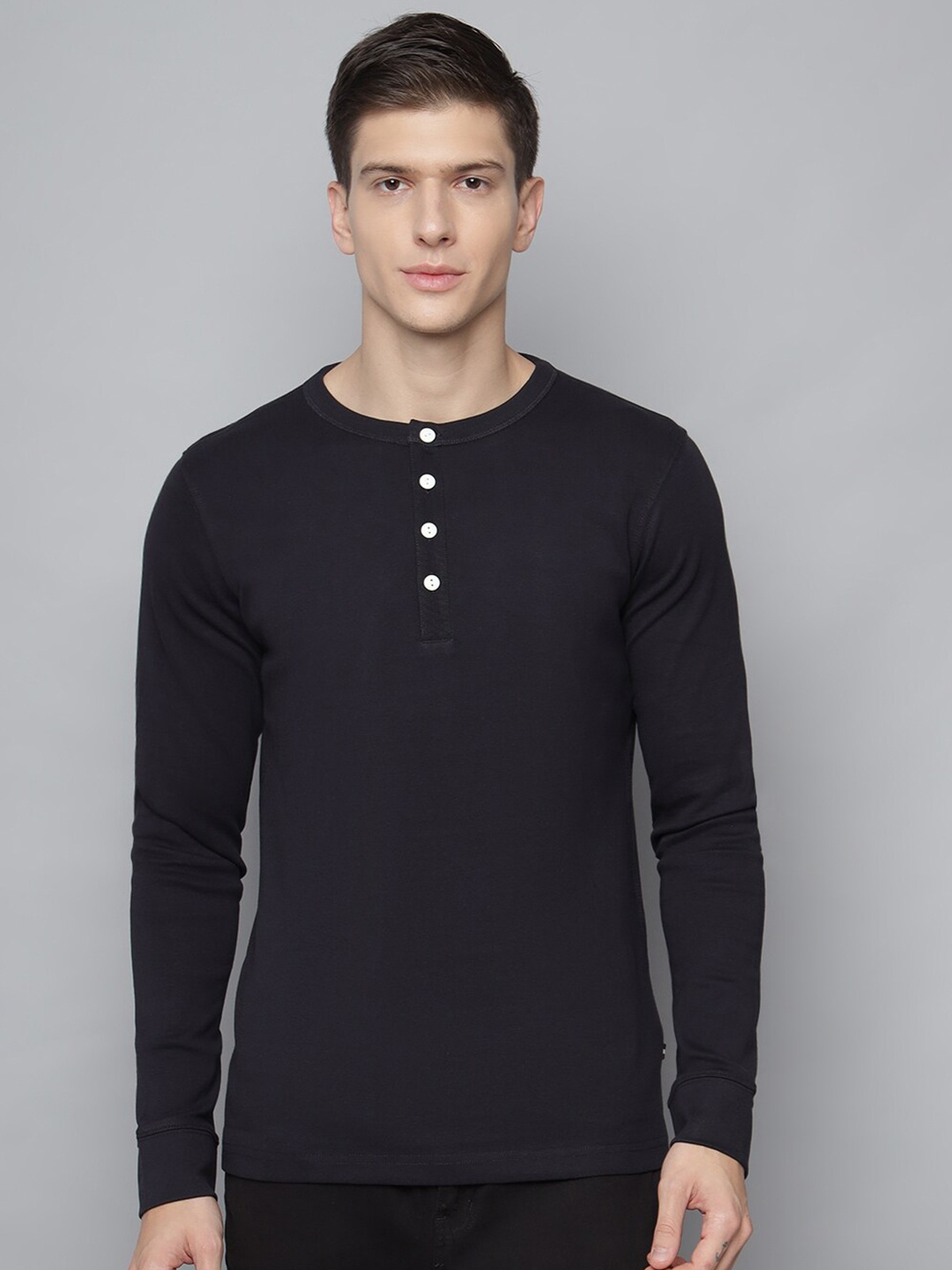 

LINDBERGH Men Black Henley Neck T-shirt