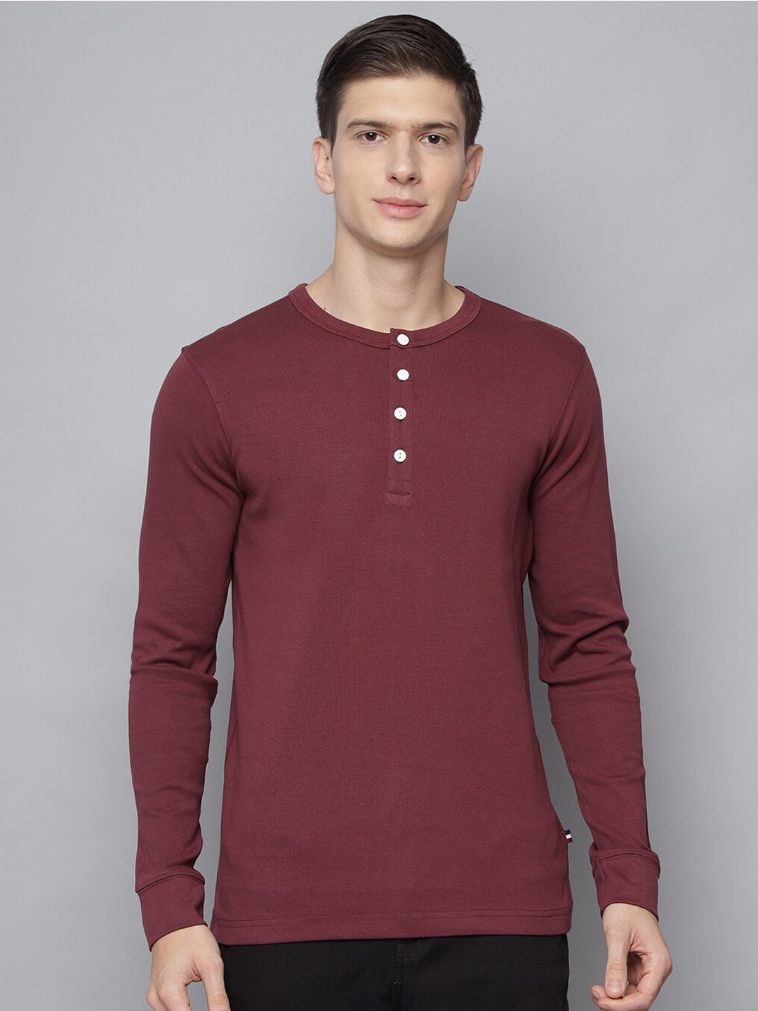 

LINDBERGH Men Burgundy Henley Neck Pure Cotton T-shirt