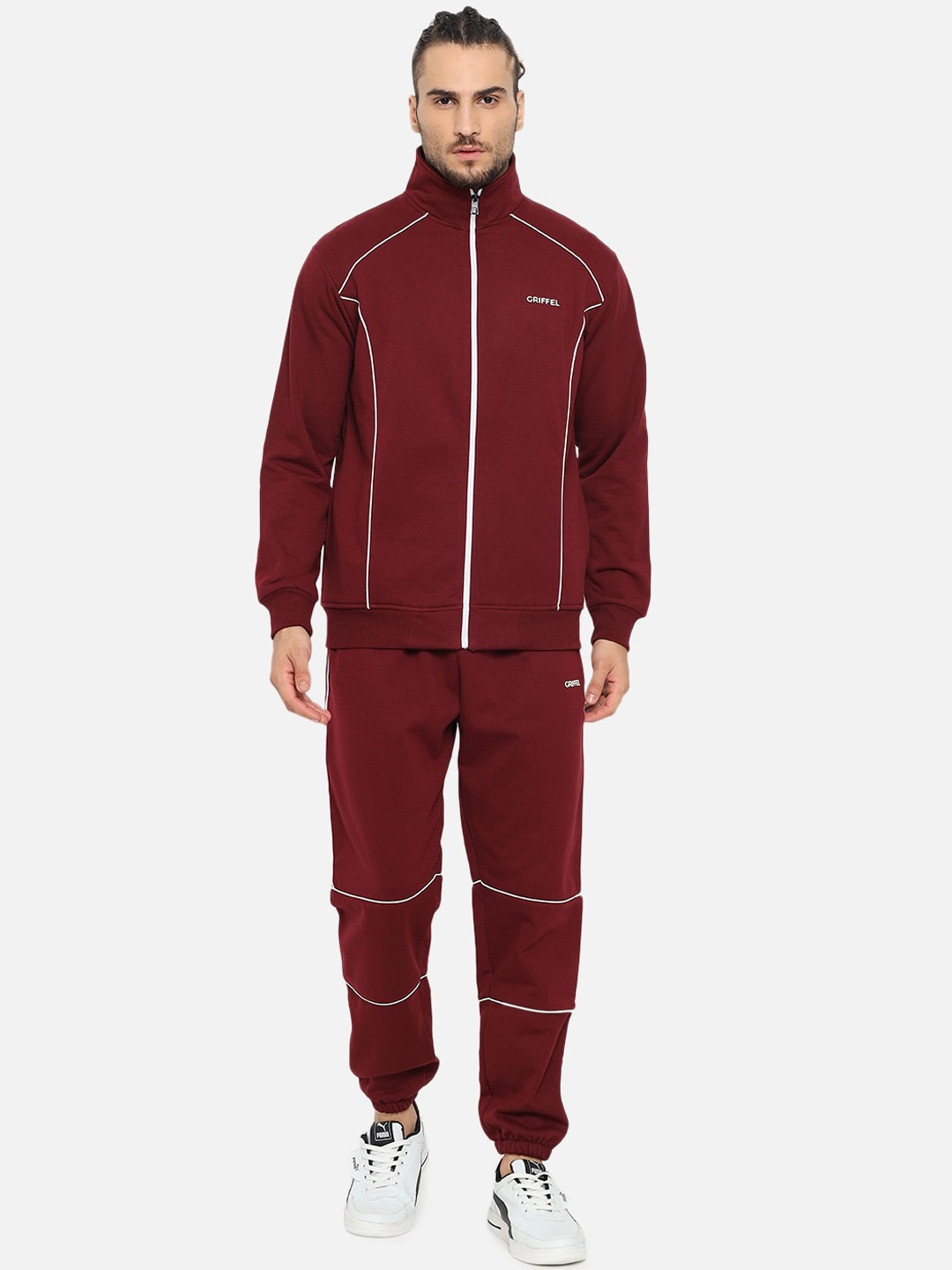 

GRIFFEL Men Maroon Solid Cotton Tracksuit