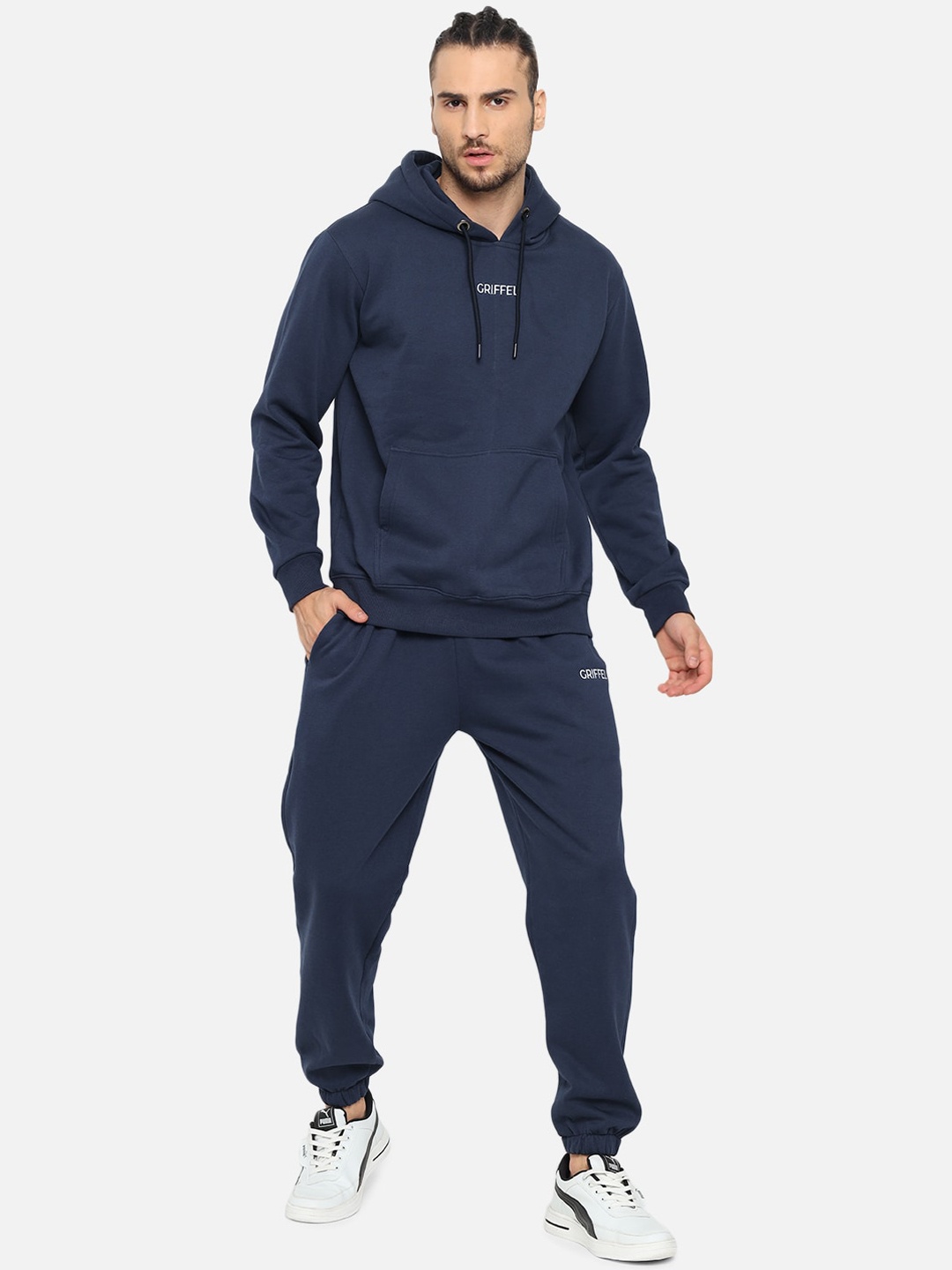 

GRIFFEL Men Navy Blue Solid Cotton Tracksuit