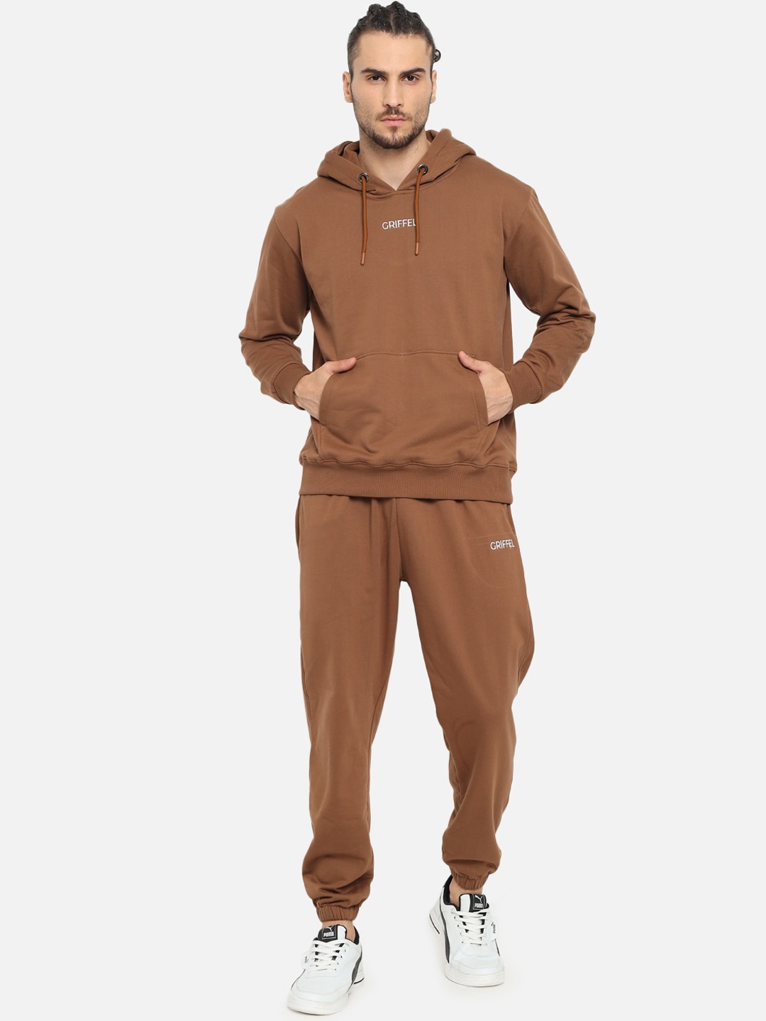 

GRIFFEL Men Brown & White Solid CottonTracksuit