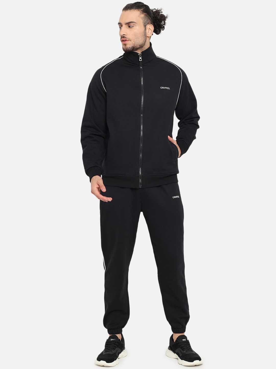 

GRIFFEL Men Black & White Solid Cotton Tracksuit