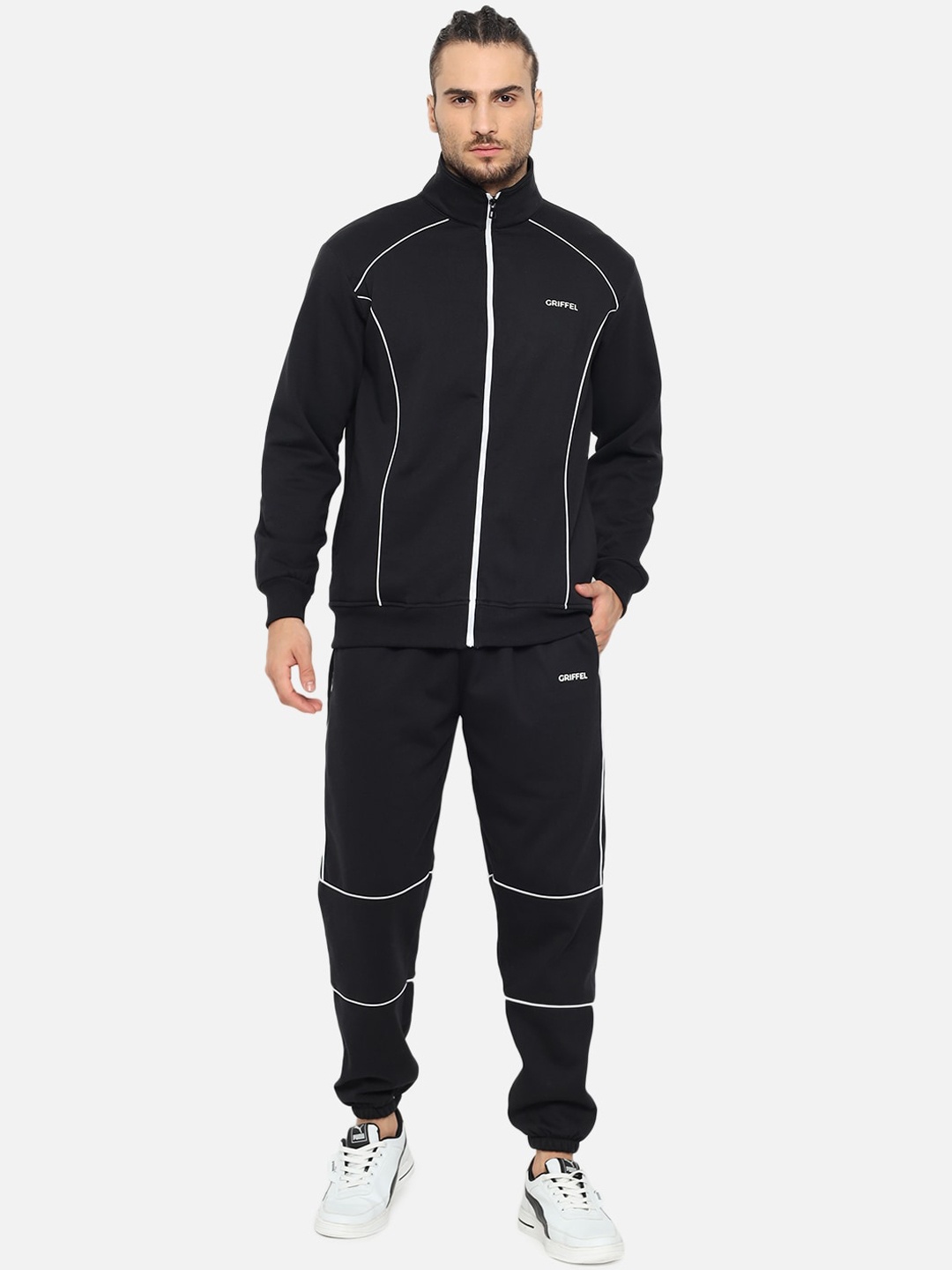 

GRIFFEL Men Black & White Solid Cotton Tracksuit