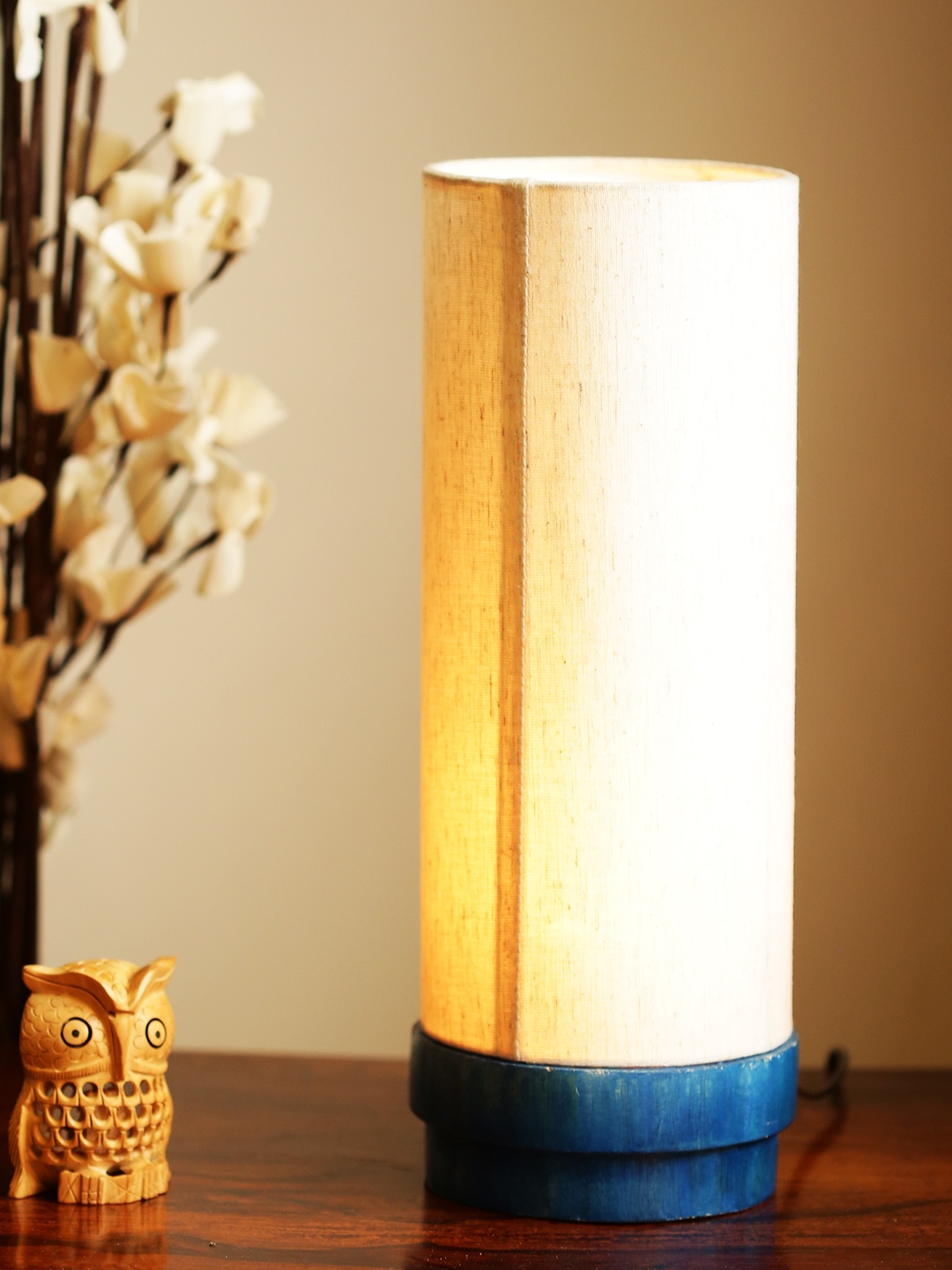 

ExclusiveLane Turqouise Blue 14 Inch Wooden Column Table Lamp with Shade, Cream