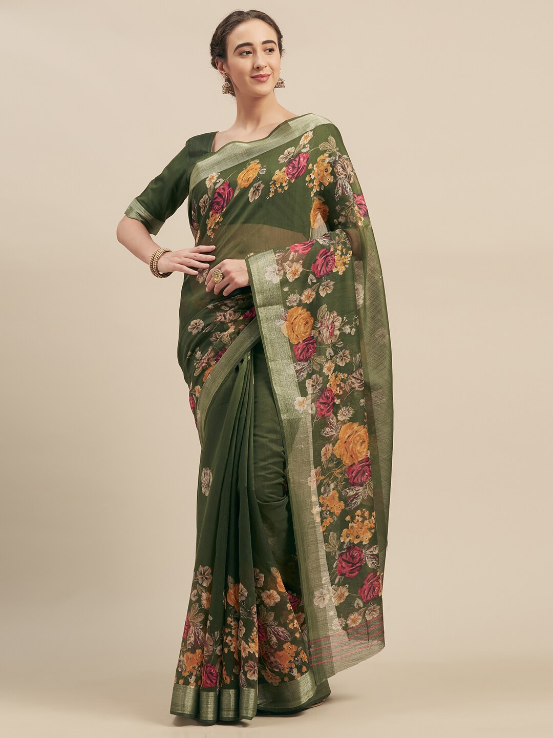 

Kvsfab Green Floral Linen Blend Pochampally Saree