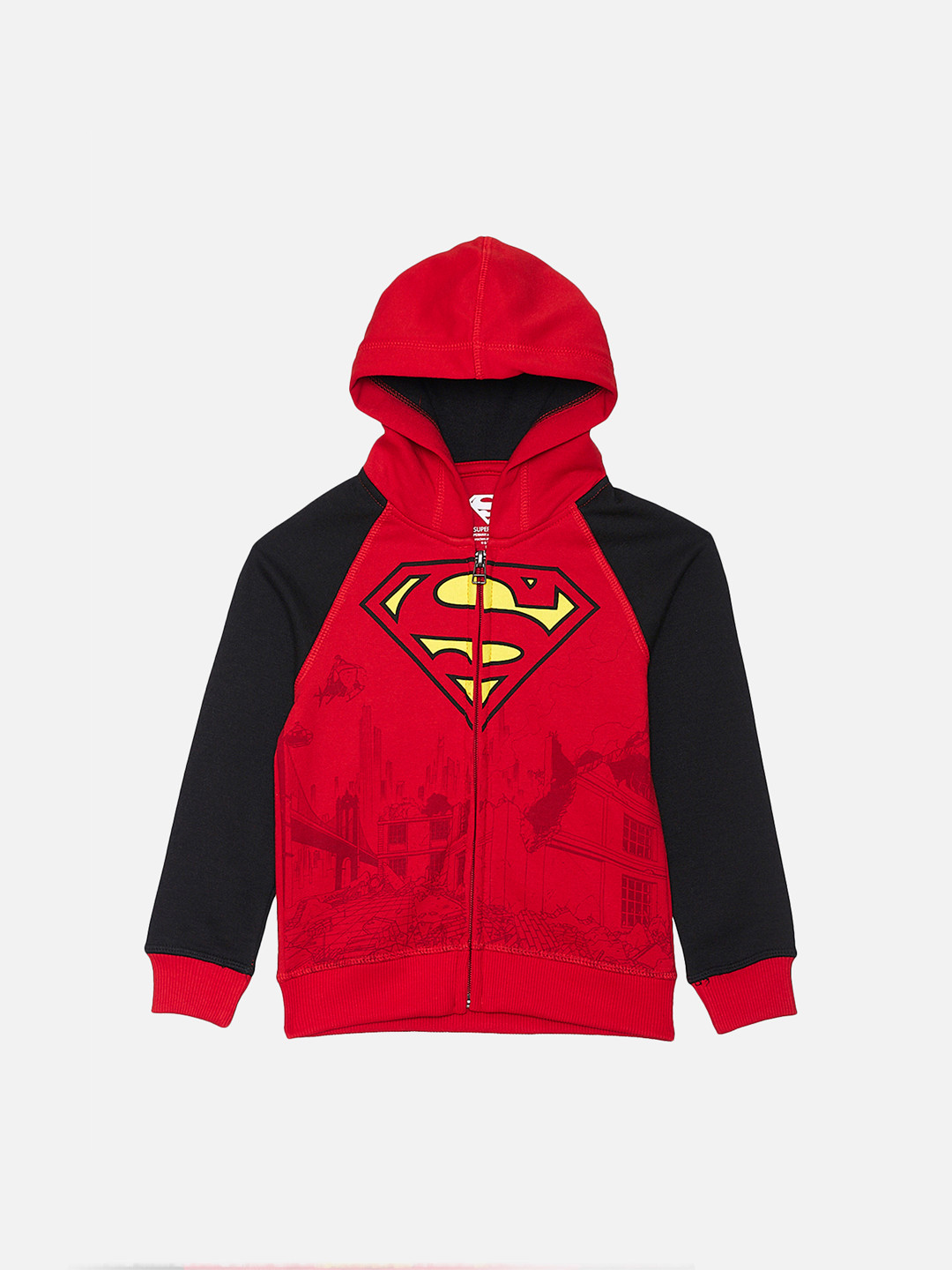 

Kids Ville Boys Red & Black Superman Printed Hooded Pure Cotton Front-Open Sweatshirt