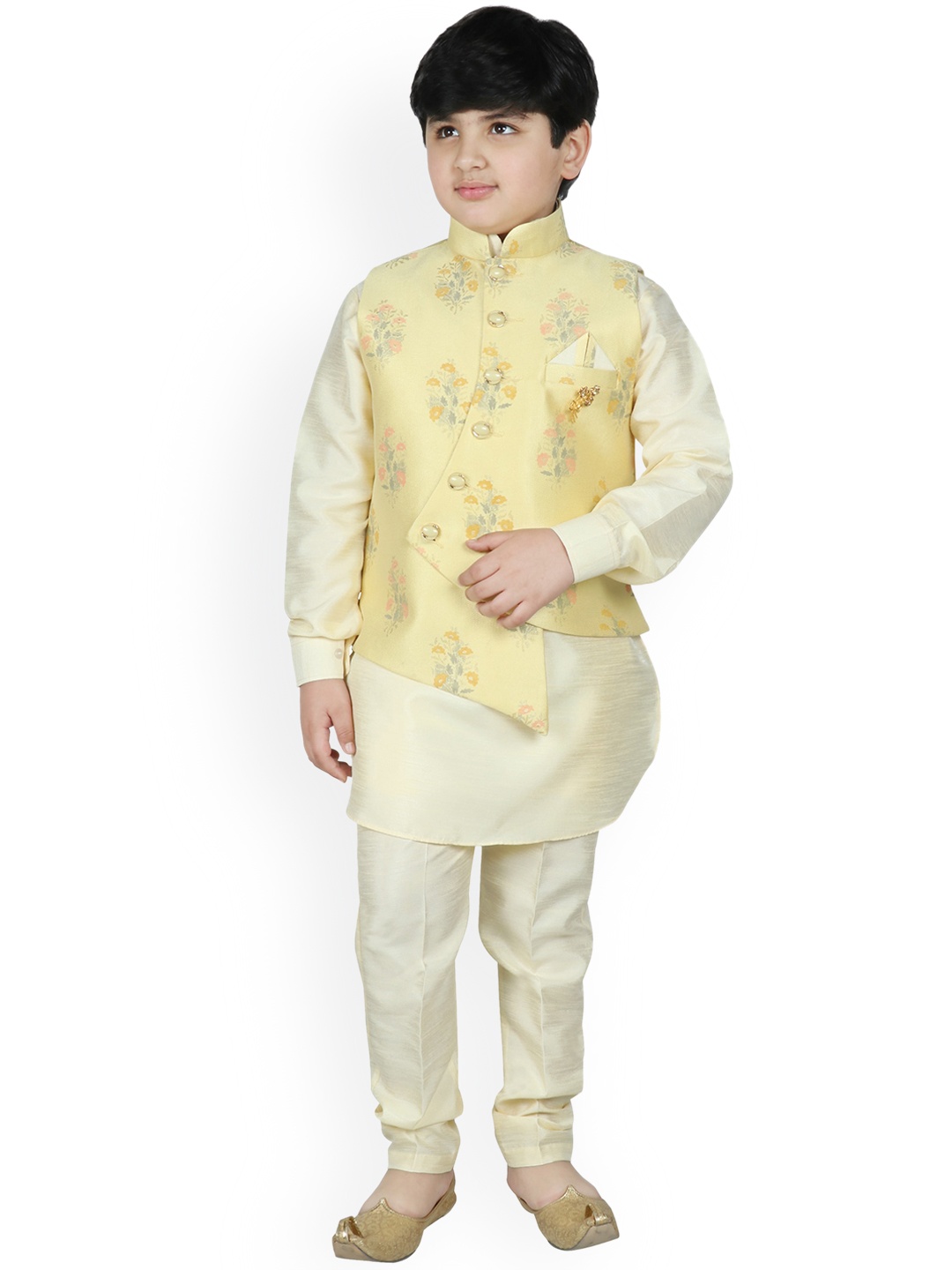 

SG YUVRAJ Boys Gold-Toned & Cream Layered Raw Silk Kurta With Trousers & Nehru Jacket