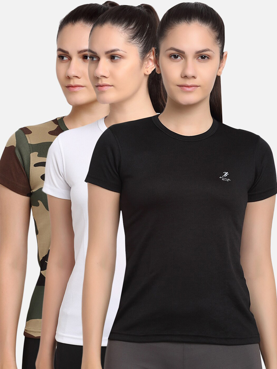 

ARMISTO Women Pack of 3 Multicoloured Dri-FIT Anti-Microbial Slim Fit Gym T-shirts, Black