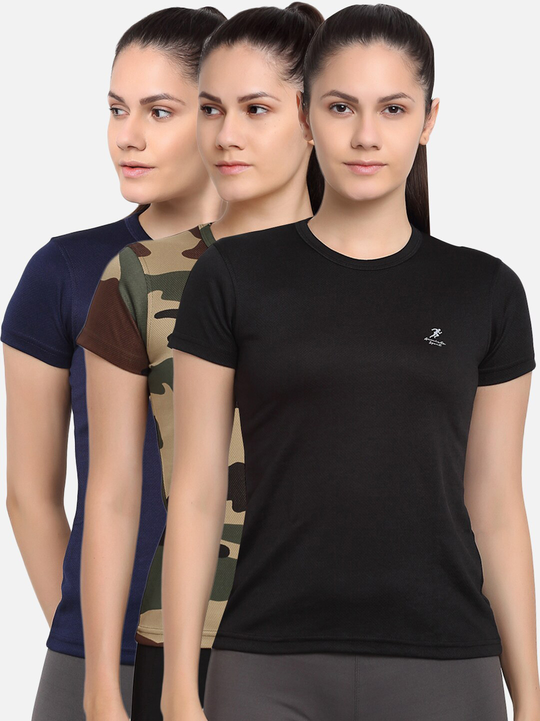 

ARMISTO Women Pack of 3 Multicoloured Dri-FIT Anti-Microbial Slim Fit Gym T-shirts, Black