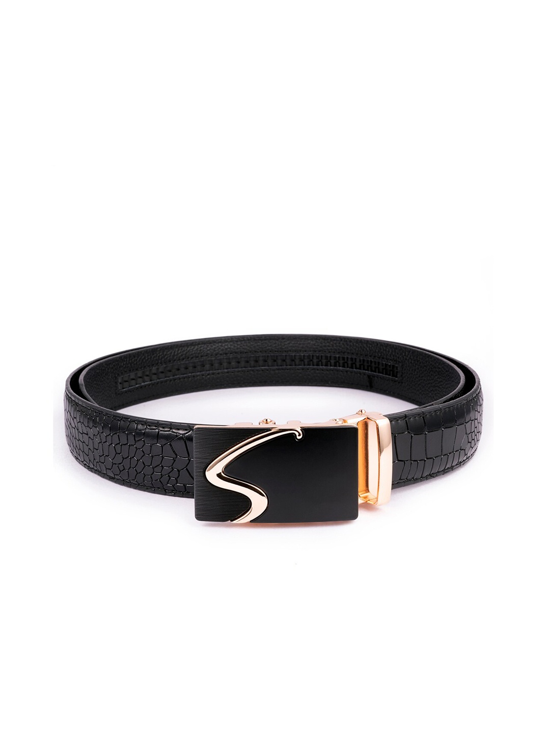 

BANGE Men Black Crocodile Textured Leather Formal Belt