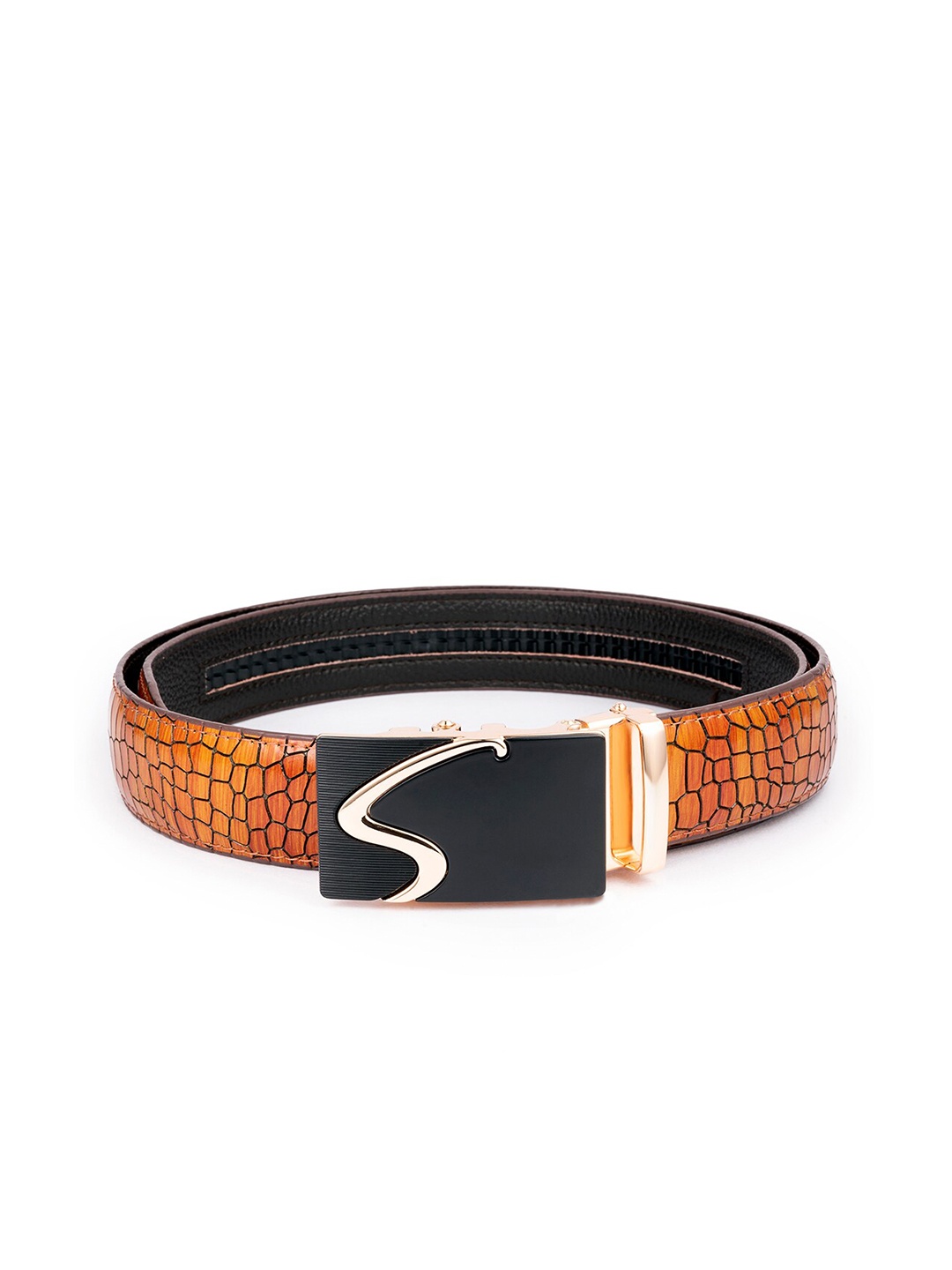 

BANGE Men Brown Crocodile Textured Leather Belt