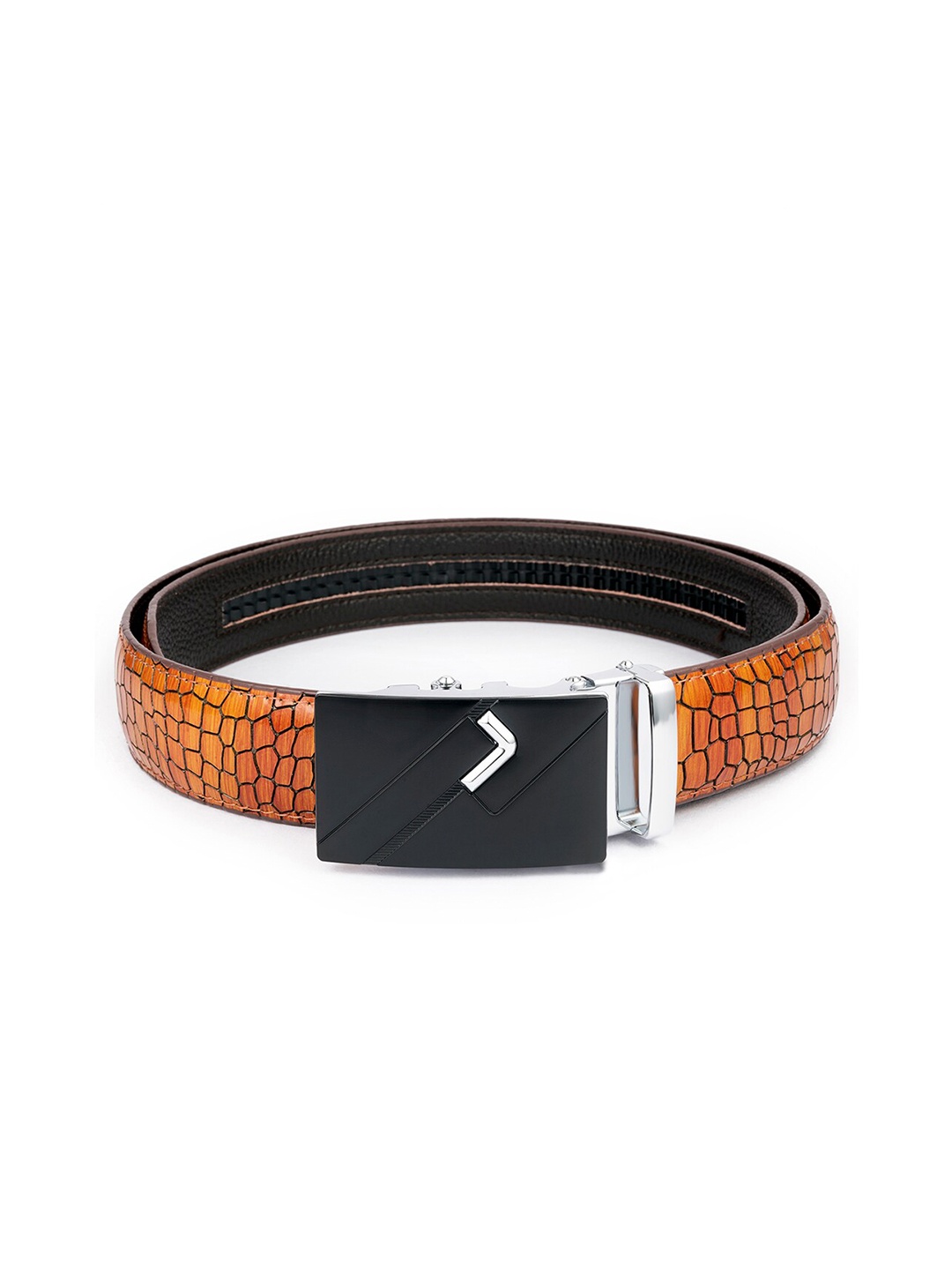 

BANGE Men Brown Crocodile Textured Leather Formal Belt