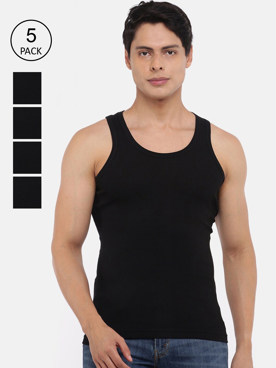 

Dollar Bigboss Men's Solid Pack of 5 Cotton Vests, Black