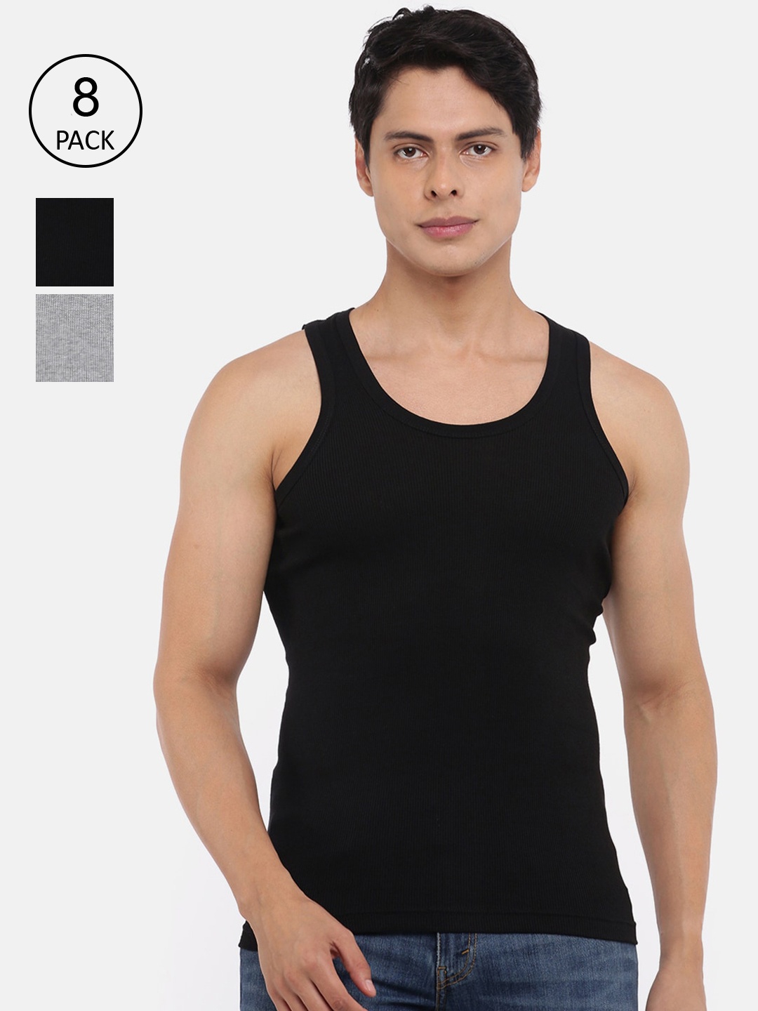 

Dollar Bigboss Men Solid Pack of 8 Cotton Vest MBVE-06-R2-DERBY-BLK-GM-PO8, Black
