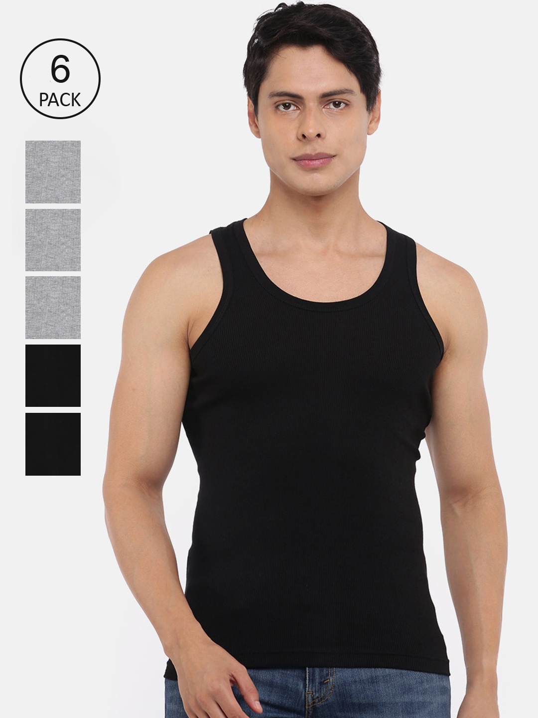 

Dollar Bigboss Men Pack of 6 Basic Pure Cotton Innerwear Vests MBVE-06-R2-DERBY-BLK-GM-PO6, Grey