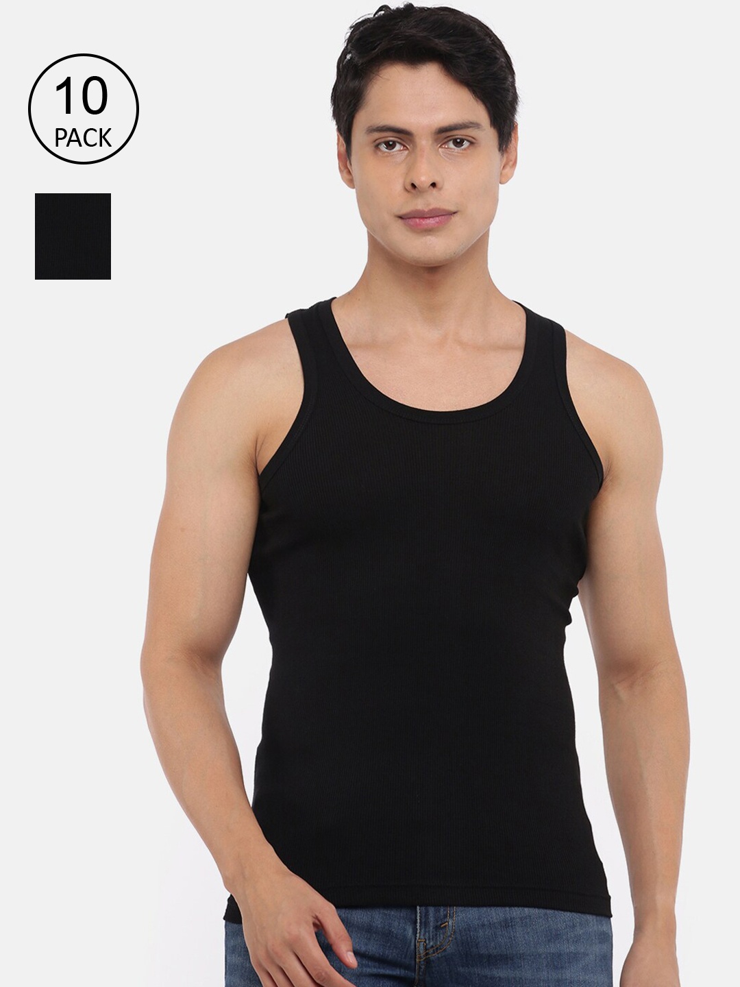 

Dollar Bigboss Men Solid Pack of 10 Cotton Vest, Black
