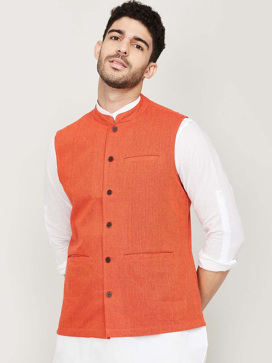 

Melange by Lifestyle Men Orange Solid Pure Cotton Woven Nehru Jacket