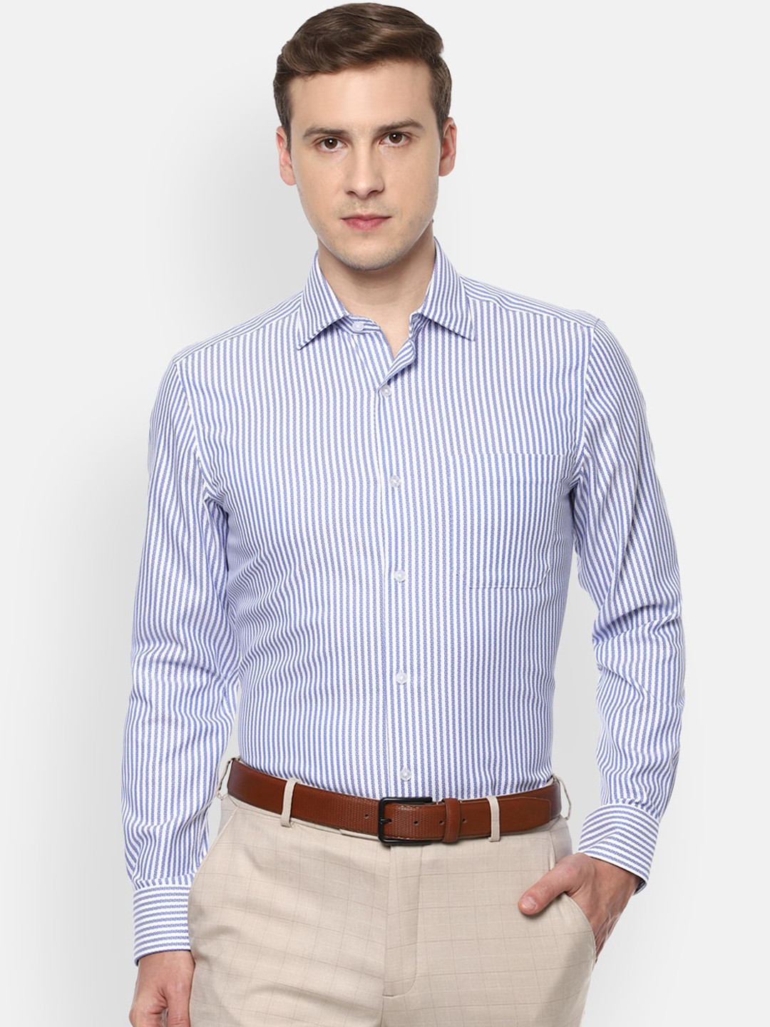 

Louis Philippe Permapress Men Blue Opaque Striped Formal Shirt