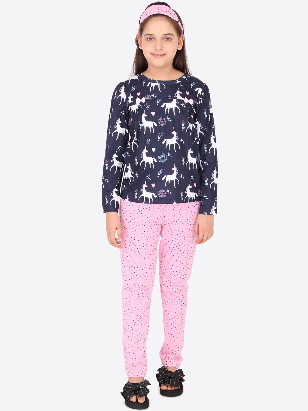 

CUTECUMBER Girls Navy Blue & Rose Printed Night suit with Eye Mask