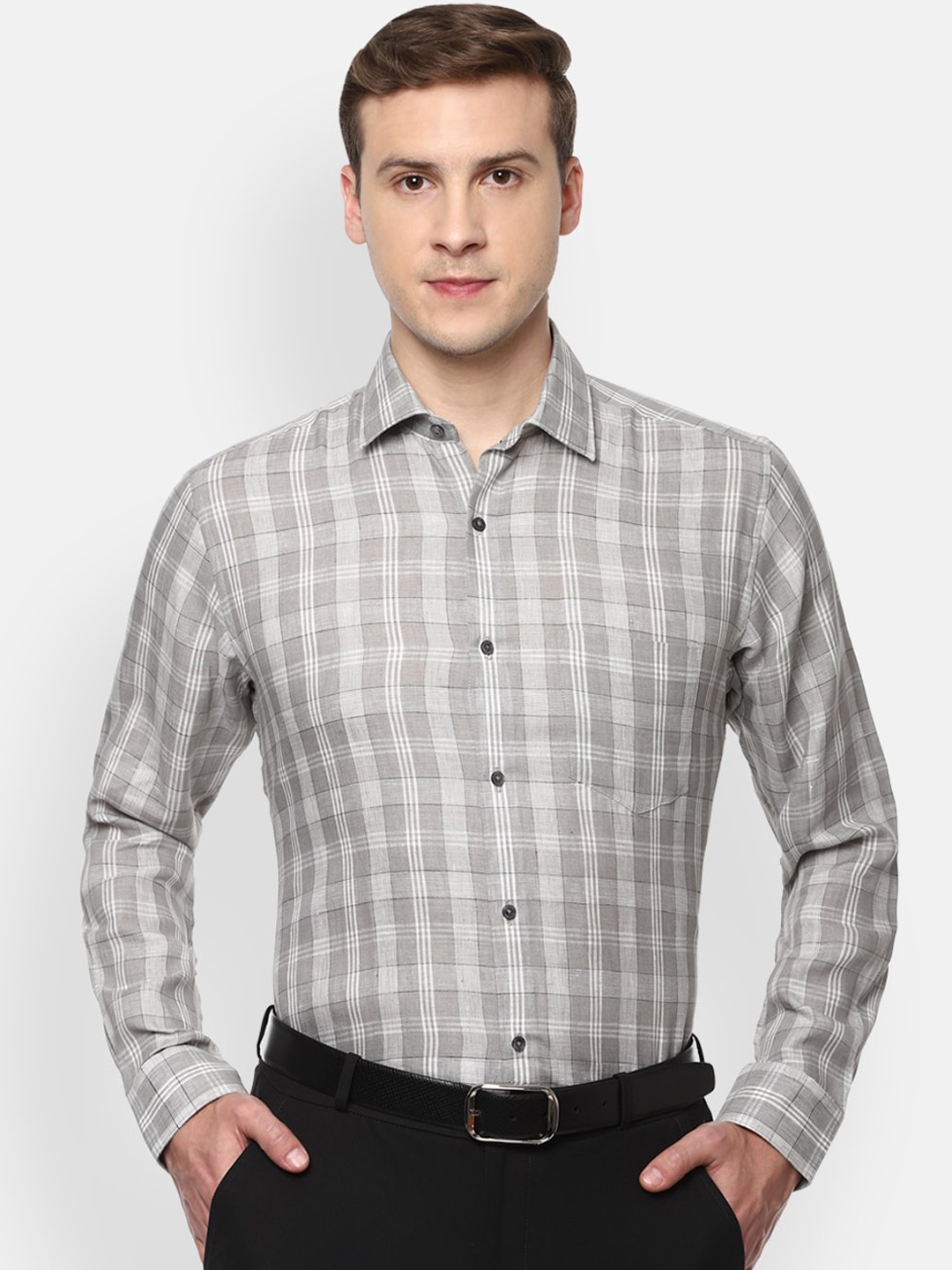 

Van Heusen Men Grey Tartan Checks Opaque Checked Formal Shirt
