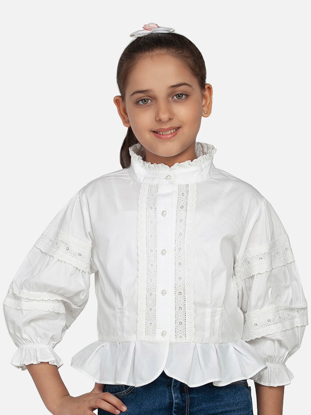 

BLANC9 White Pure Cotton Mandarin Collar Shirt Style Top