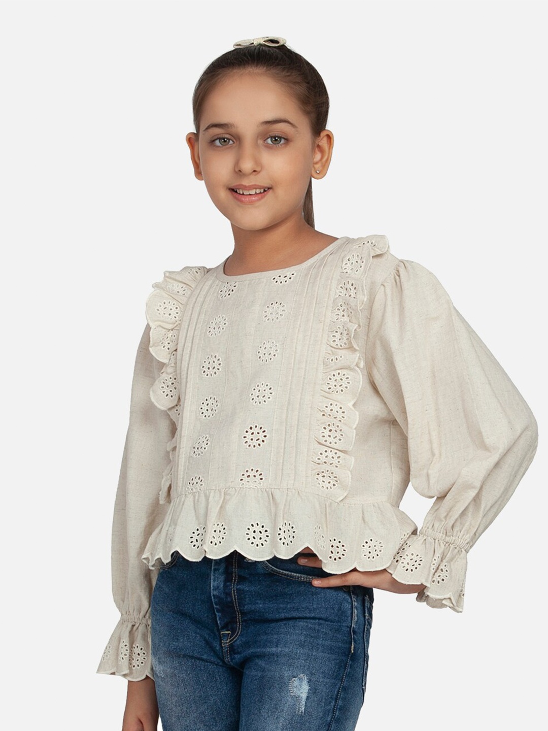 

BLANC9 Girls Beige Schiffli Bell Sleeves Pure Cotton Regular Top