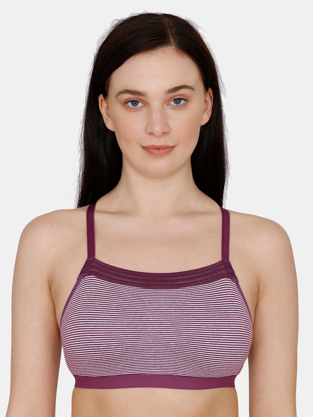 

Zivame Purple & White Striped Camisole Bra Double Layered Non-Wired Full Coverage
