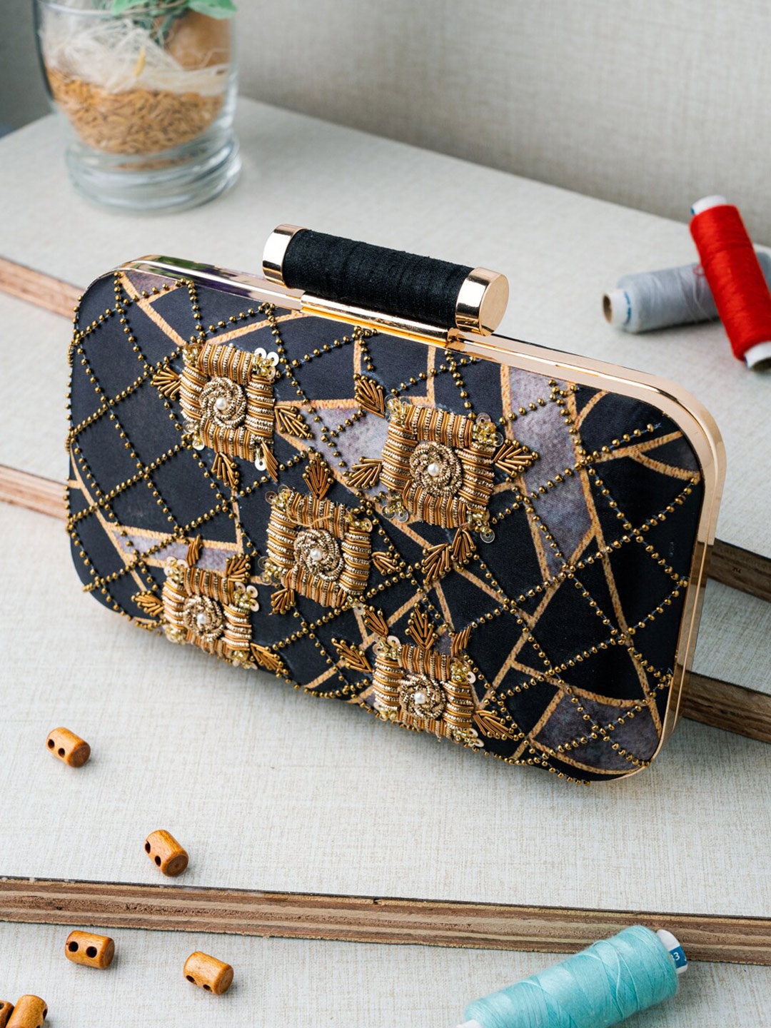 

NR By Nidhi Rathi Black & Gold-Toned Embroidered Embellished Box Clutch