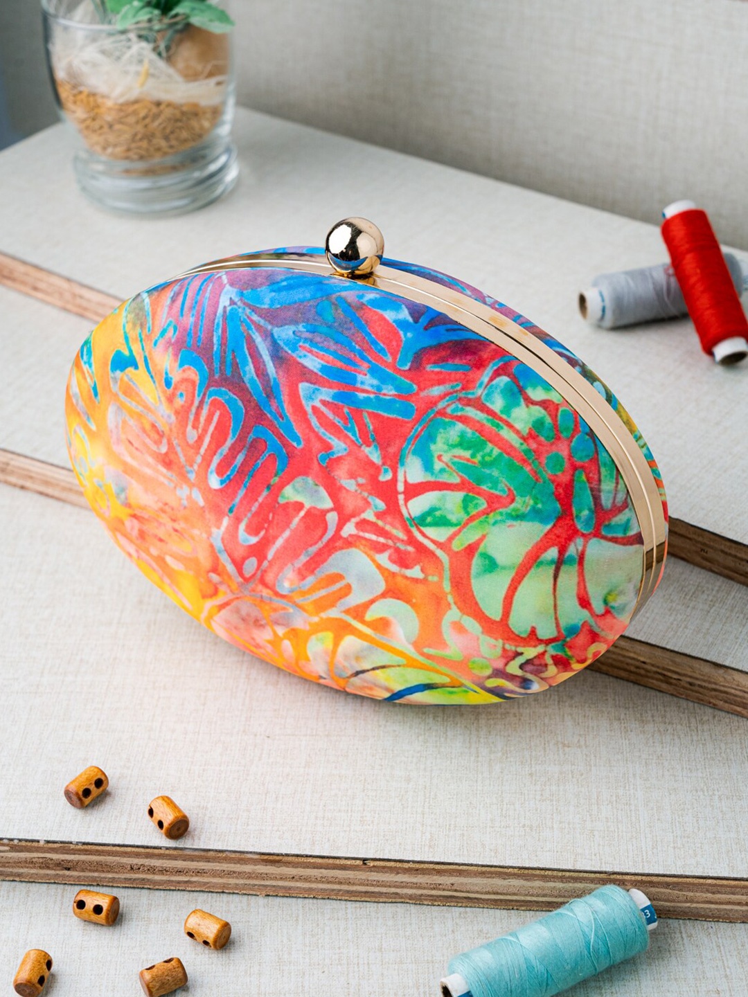 

NR By Nidhi Rathi Women Peach & Blue Printed Box Clutch