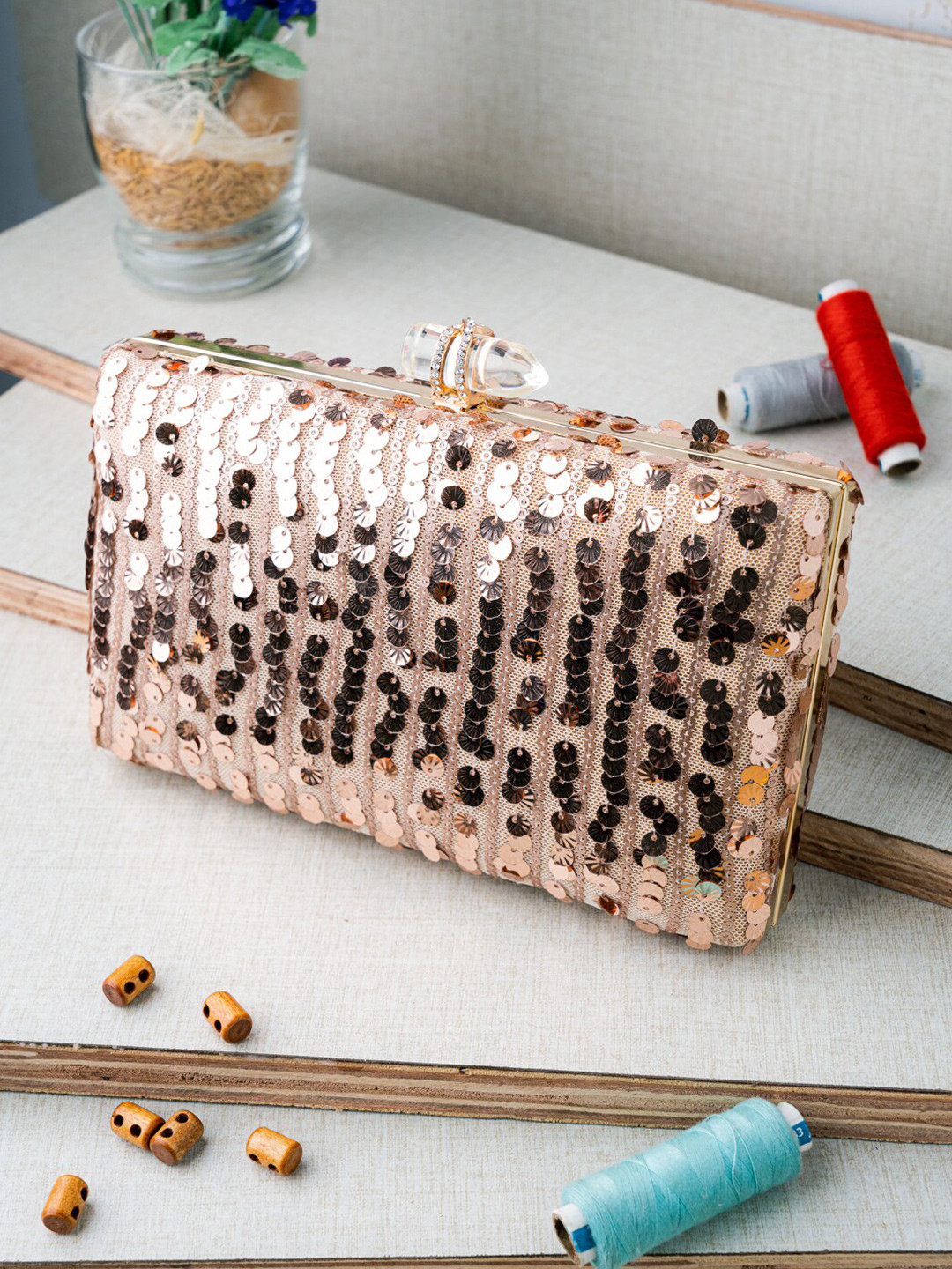 

NR By Nidhi Rathi Rose Gold Embellished Box Clutch
