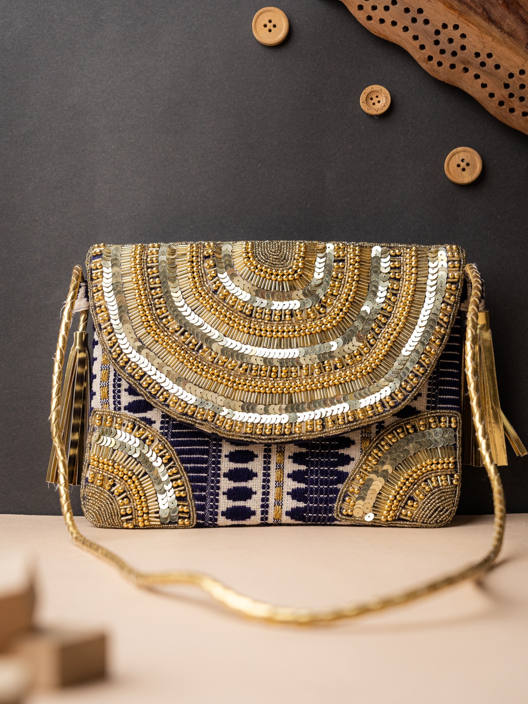 

NR By Nidhi Rathi Navy Blue & Gold-Toned Embroidered Foldover Clutch