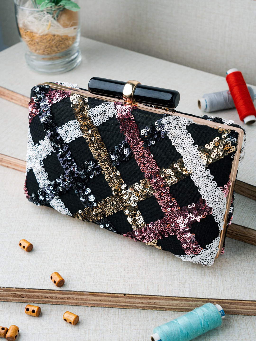 

NR By Nidhi Rathi Black & Pink Embellished Box Clutch