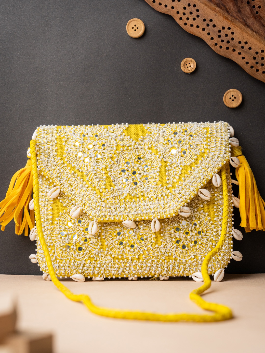 

NR By Nidhi Rathi Yellow & White Embroidered Envelope Clutch