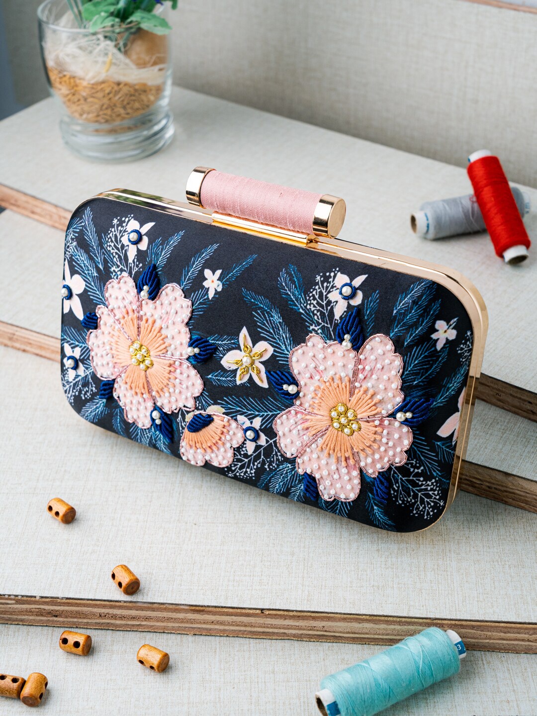 

NR By Nidhi Rathi Navy Blue & Peach-Coloured Floral Embroidered Box Clutch