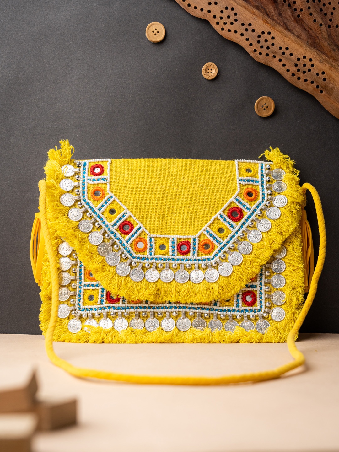 

NR By Nidhi Rathi Yellow & Blue Embroidered Foldover Clutch