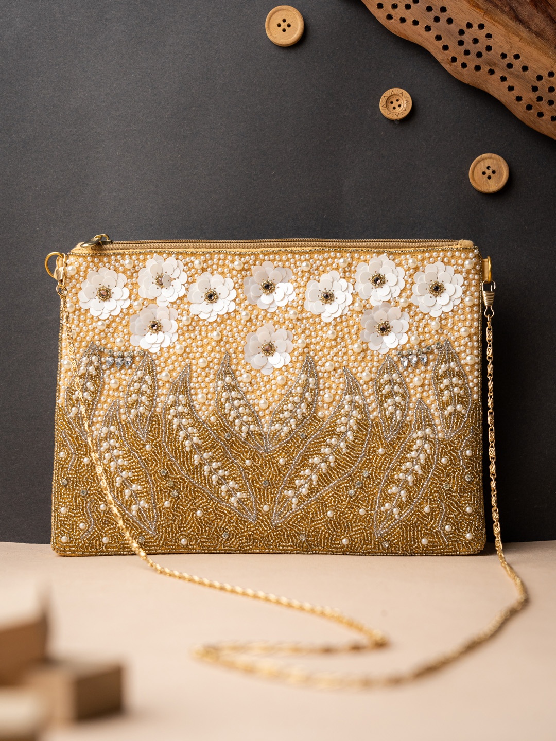 

NR By Nidhi Rathi Gold-Toned & White Embroidered Foldover Clutch