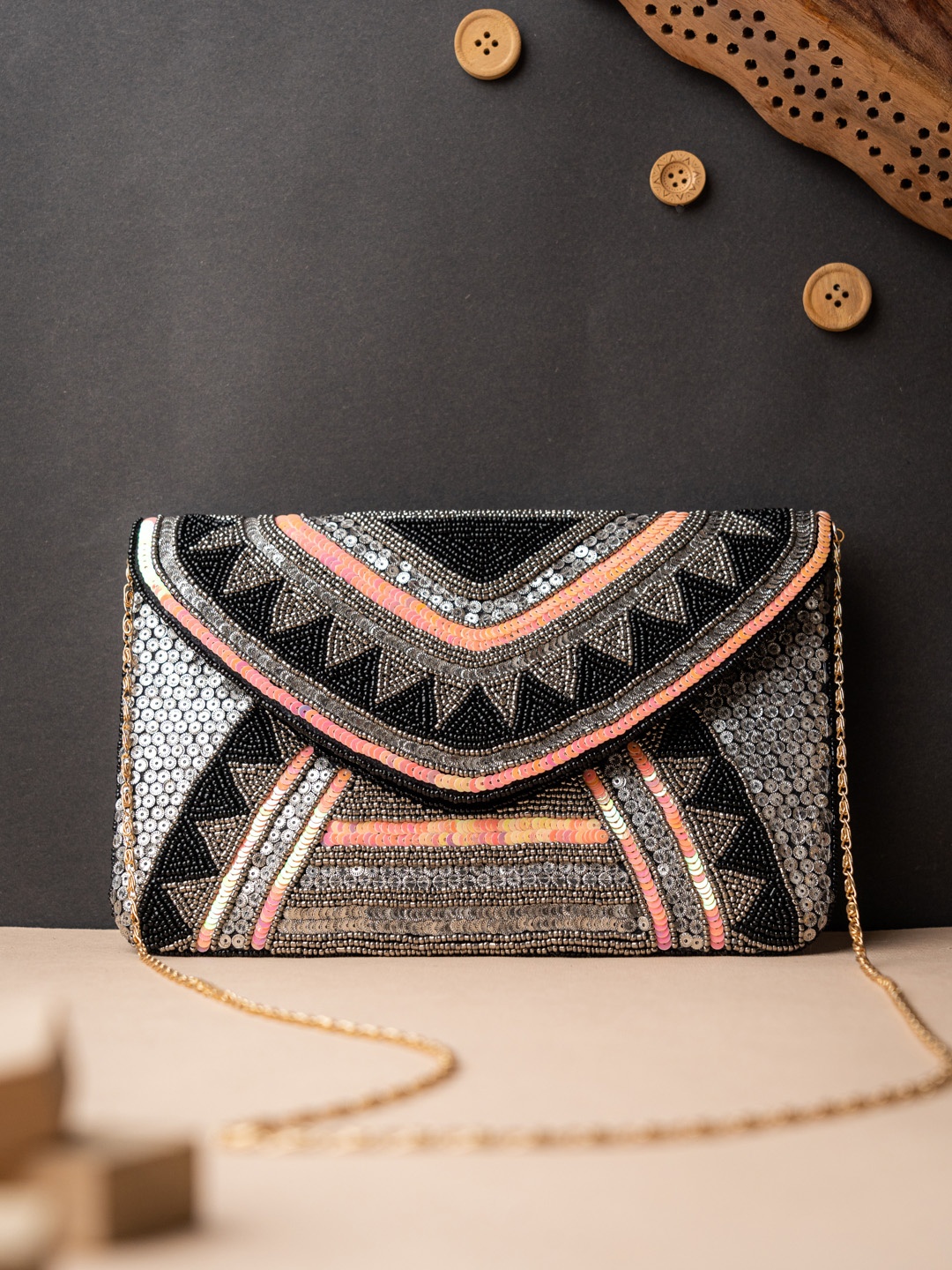 

NR By Nidhi Rathi Women Black & Silver Embroidered Foldover Clutch