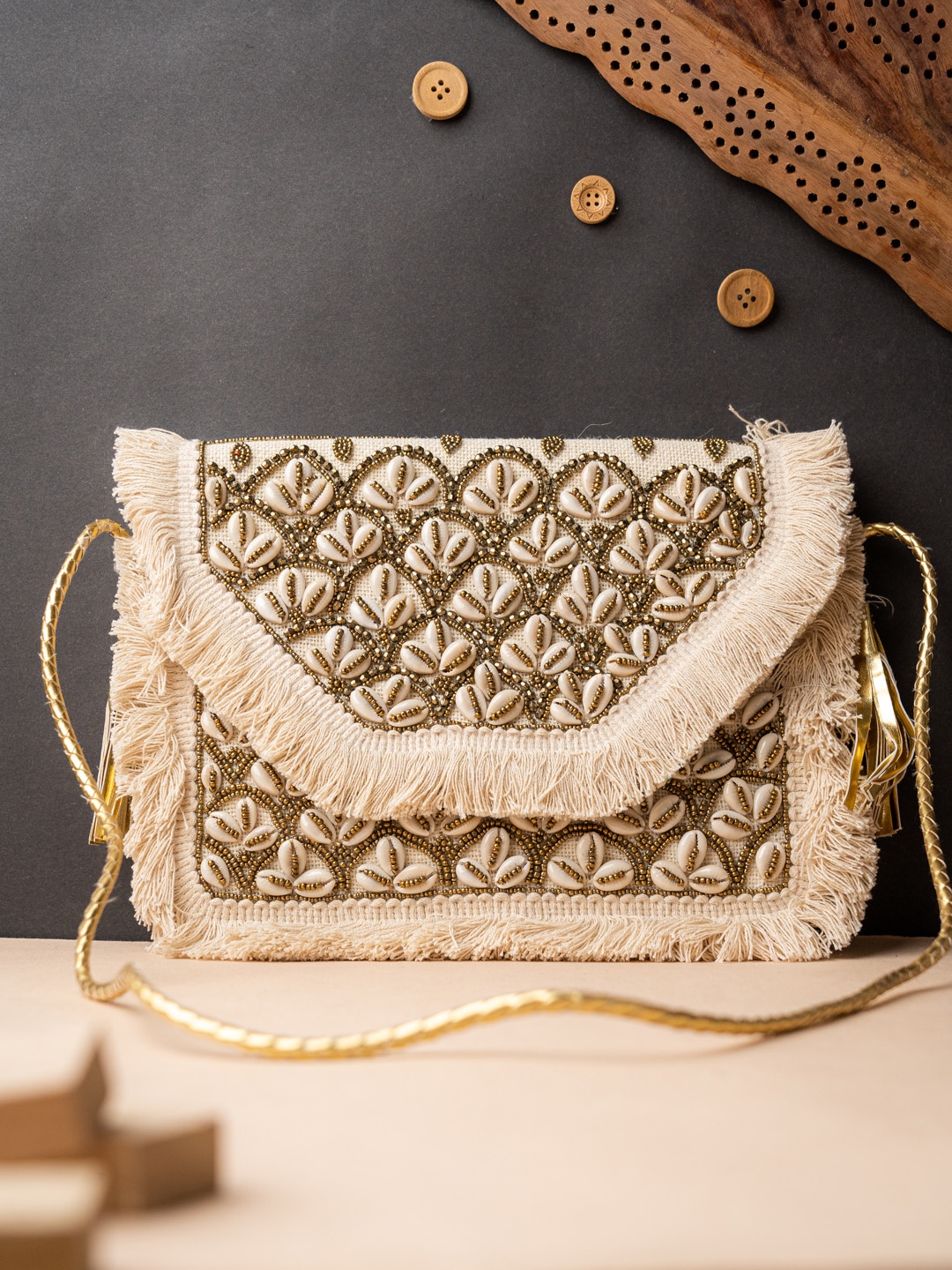 

NR By Nidhi Rathi Beige & Gold-Toned Embroidered Foldover Clutch