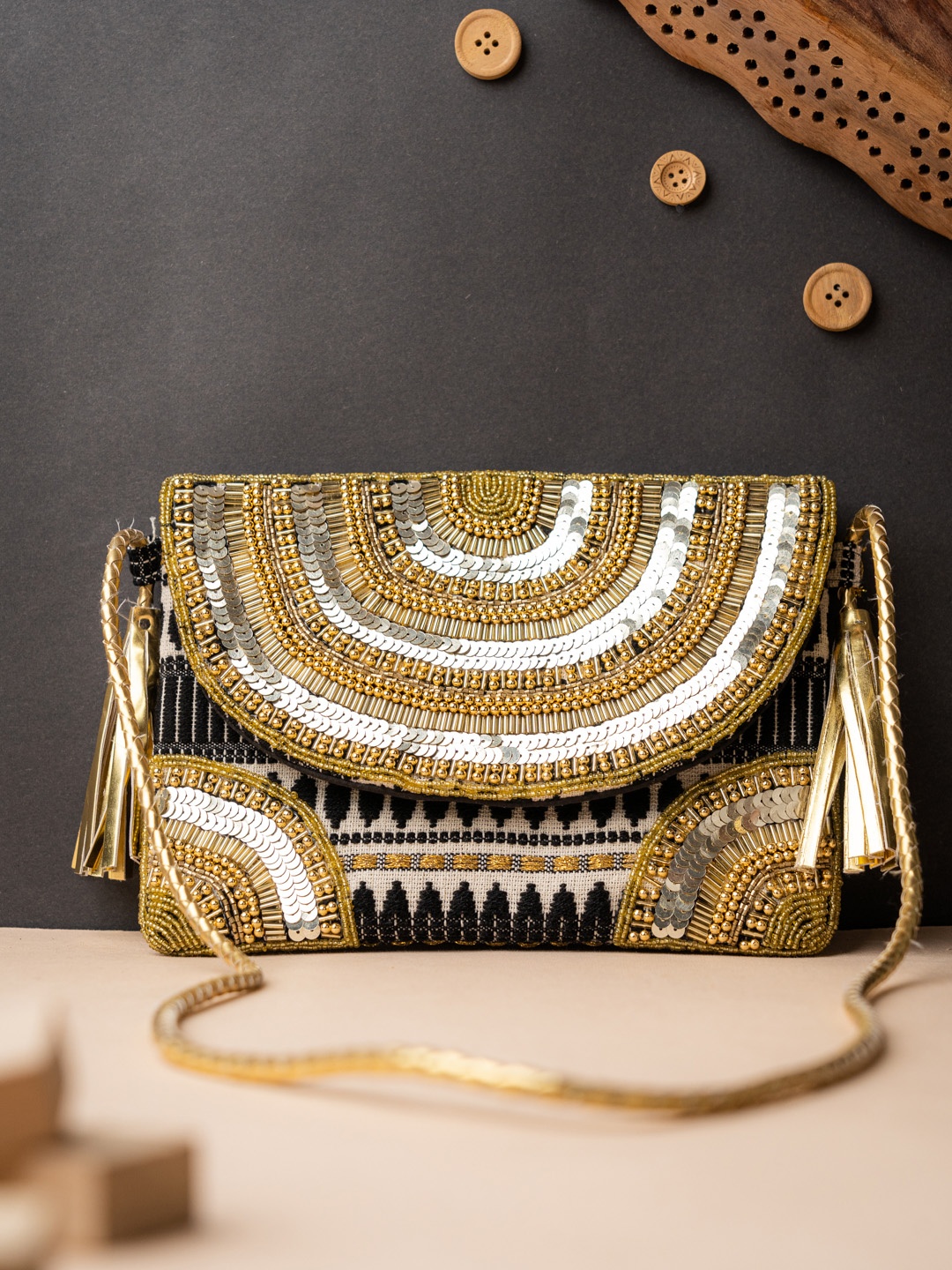 

NR By Nidhi Rathi Black & Gold-Toned Embroidered Foldover Clutch