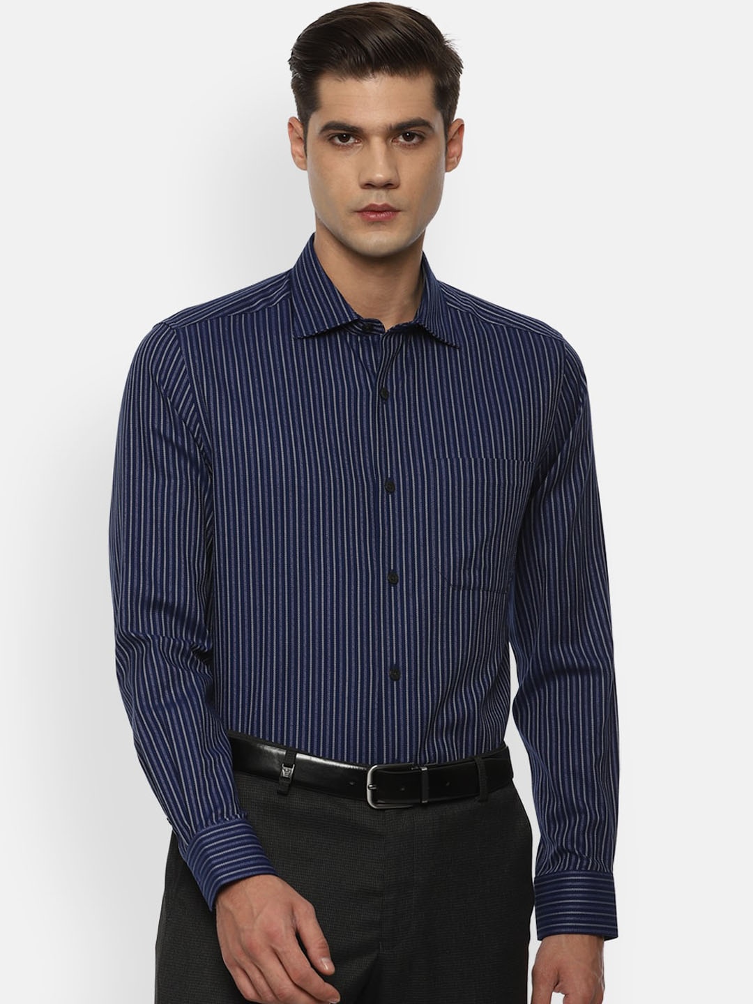 

Louis Philippe Men Navy Blue Opaque Striped Cotton Formal Shirt
