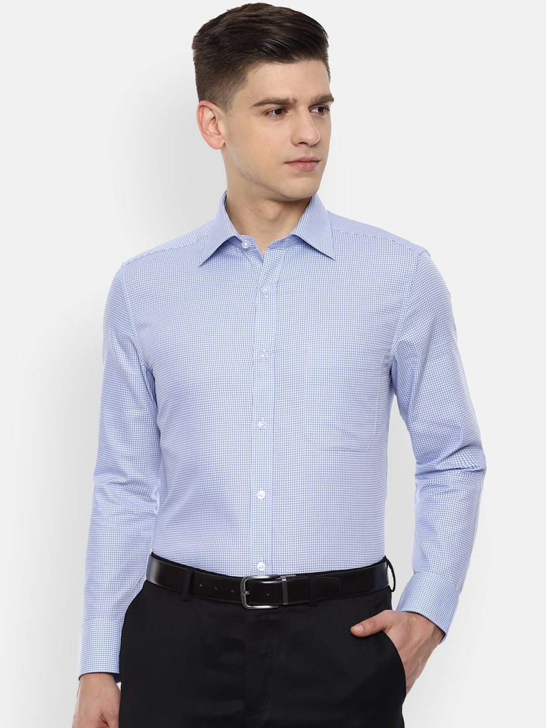 

Louis Philippe Men Blue & White Micro Checks Opaque Pure Cotton Formal Shirt