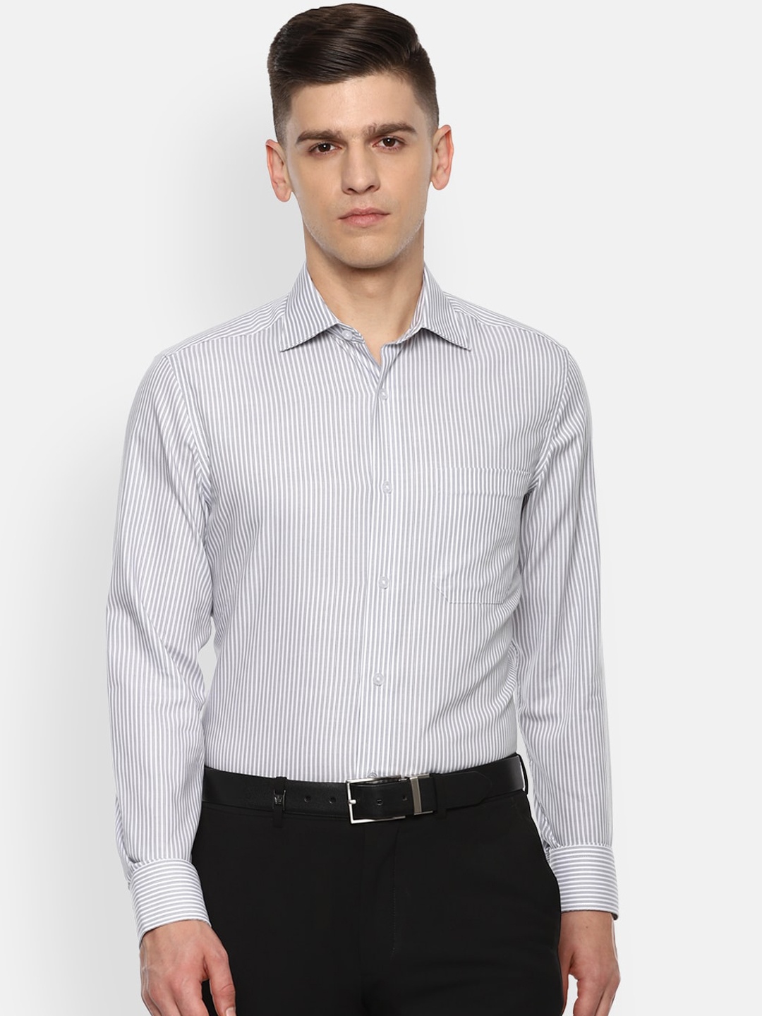 

Louis Philippe Men Grey Opaque Striped Cotton Formal Shirt