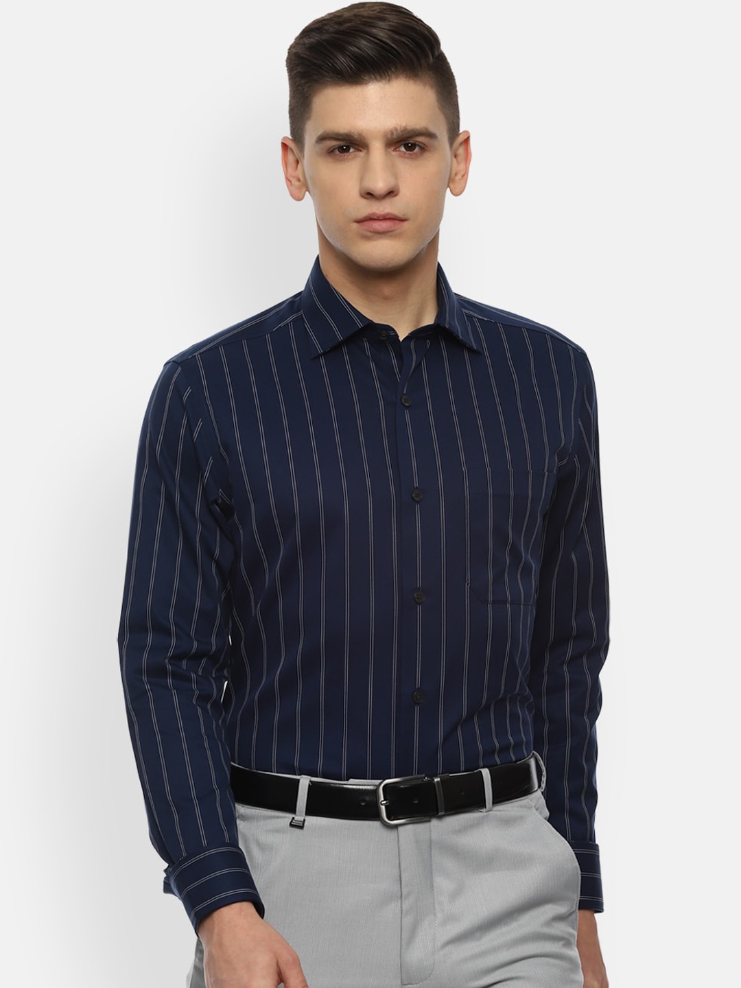 

Louis Philippe Permapress Men Navy Blue Opaque Striped Formal Shirt