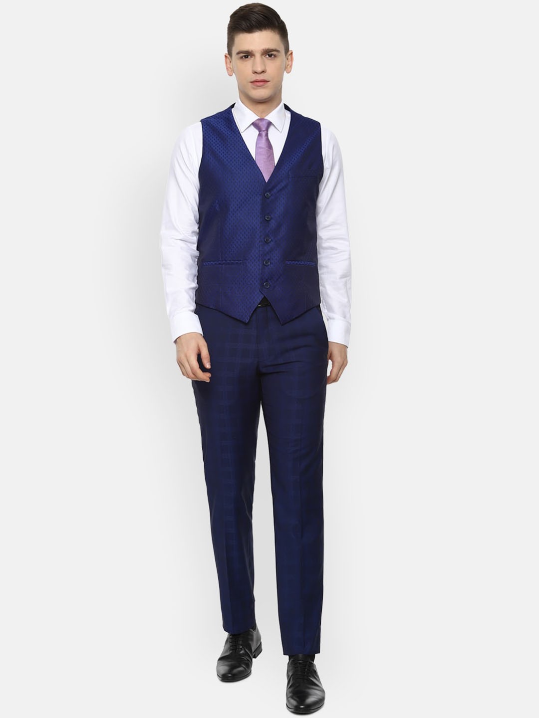 

Van Heusen Men Navy Blue Self Design Slim Fit Single-Breasted 3-Piece Formal Suit