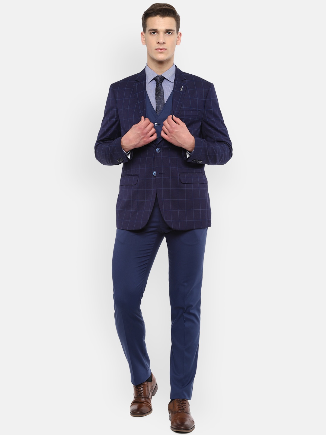 

Van Heusen Men Navy Blue Checked Slim-Fit Single-Breasted 4-Piece Suit