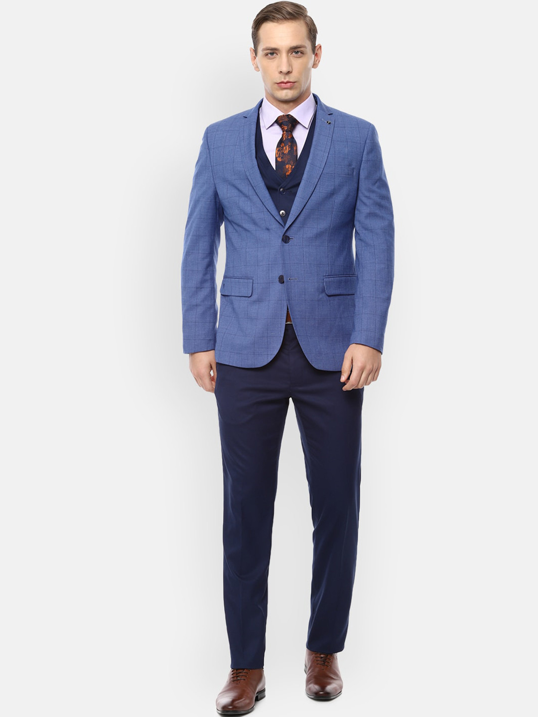 

Van Heusen Men Blue Checked Single-Breasted Slim-Fit Three-Piece Suit