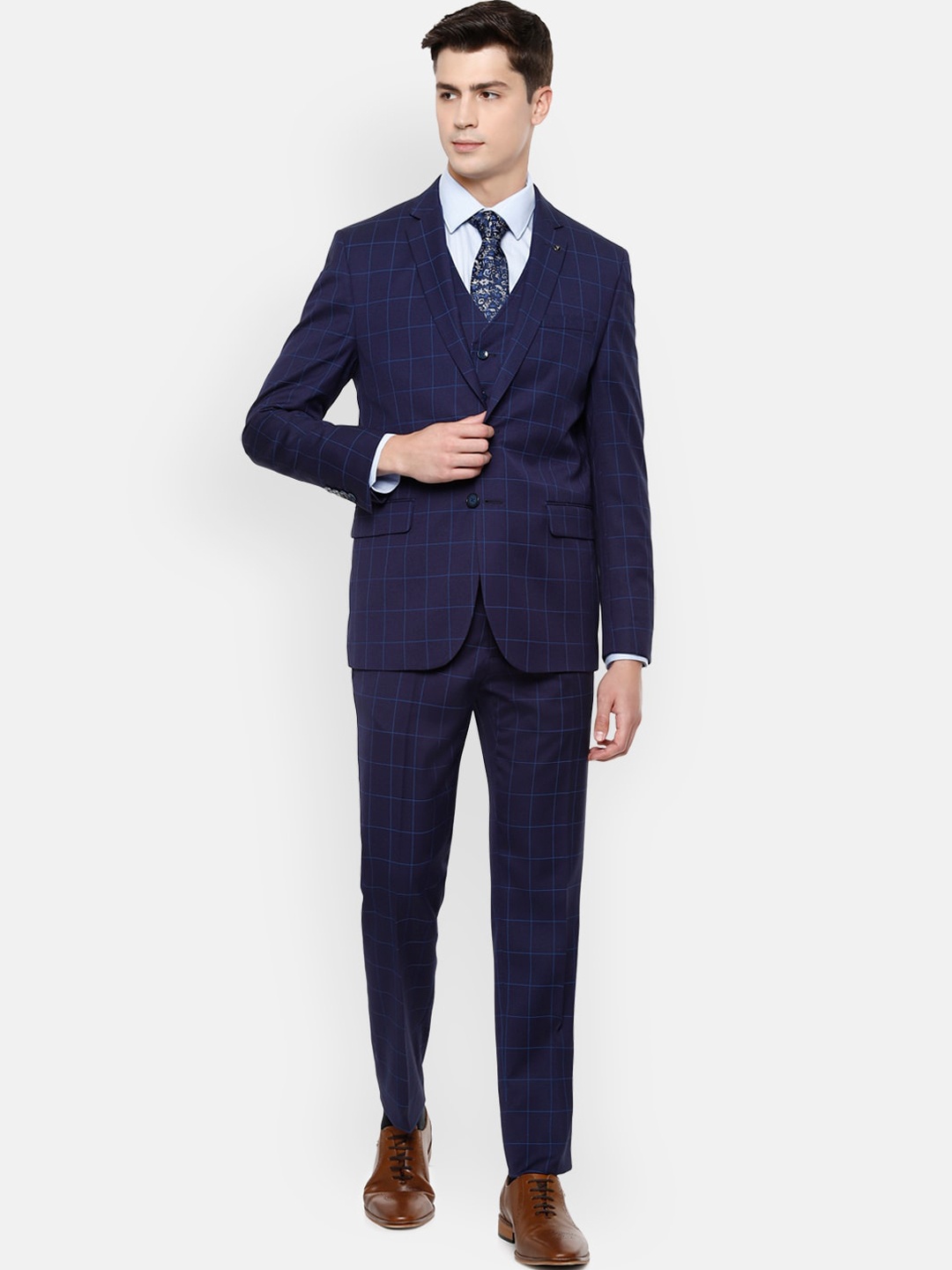 

Van Heusen Men Navy Blue Checked Slim-Fit Three-Piece Formal Suit