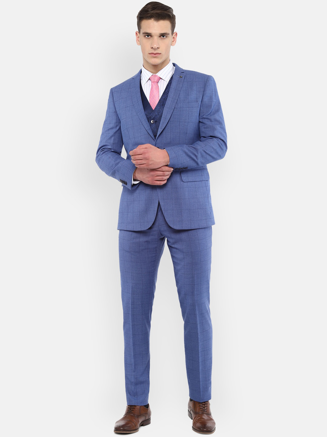 

Van Heusen Men Blue Checked Single-Breasted Slim-Fit Three-Piece Suit