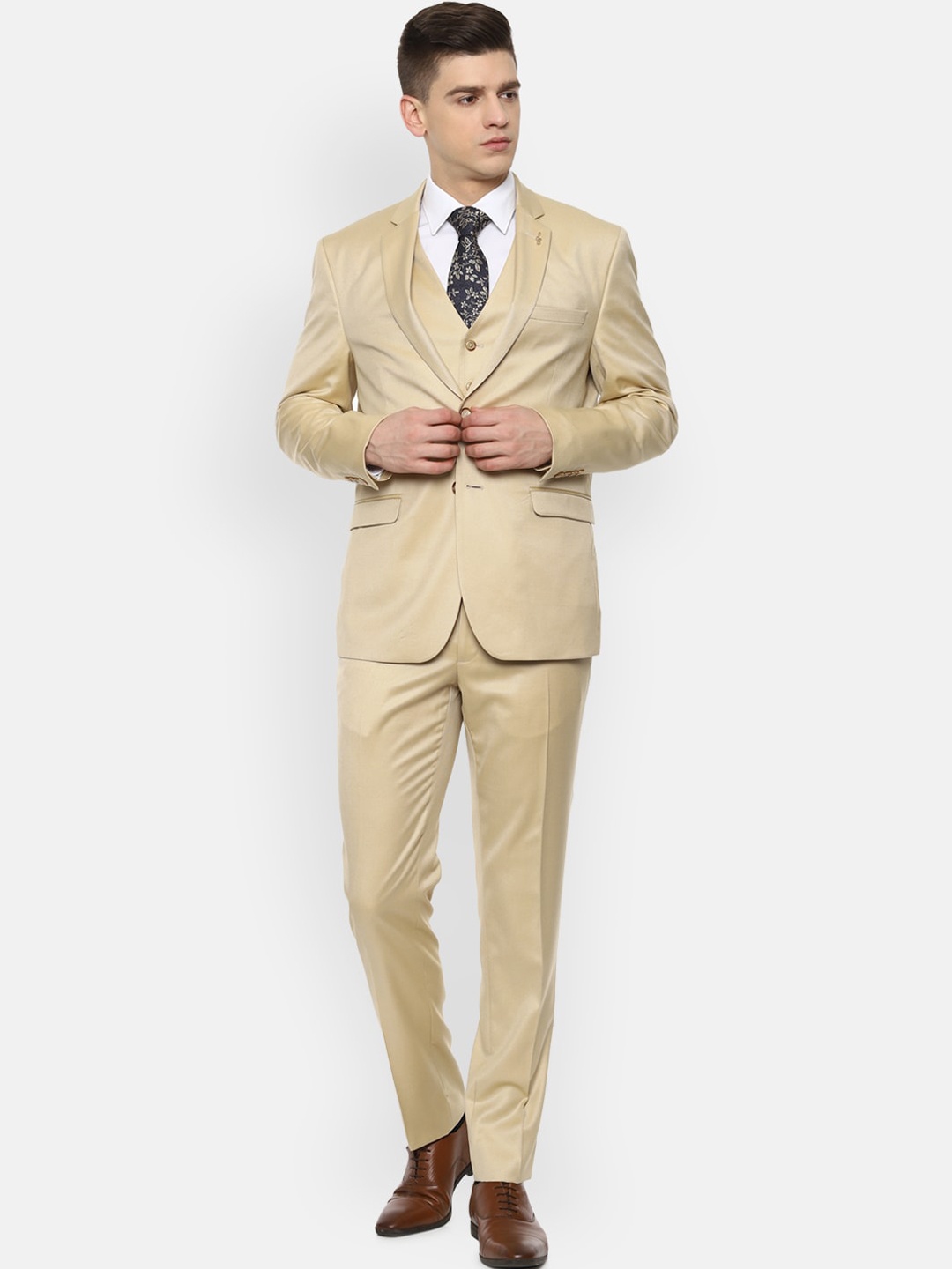 

Van Heusen Men Khaki Solid Single-Breasted Slim-Fit Three-Piece Suit