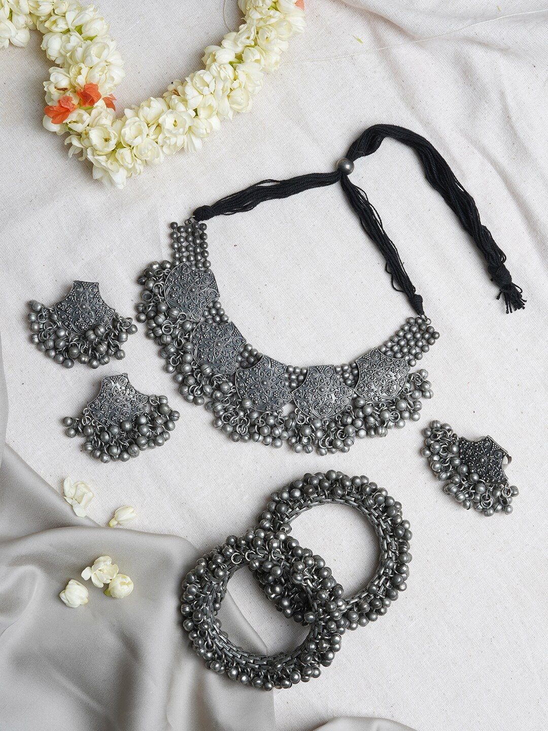 

TEEJH Silver Plated Oxidized Jewellery Set With Ghungroos